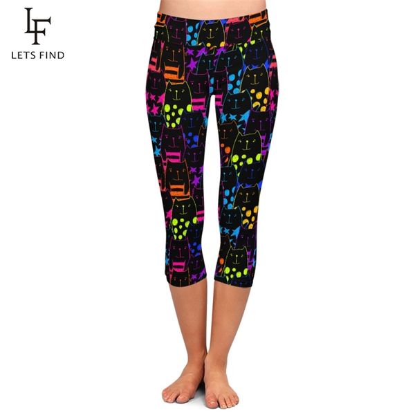 

letsfind fluorescent cartoon cat digital print women leggings high waist plus size mid-calf 3/4 stretch 210925, Black