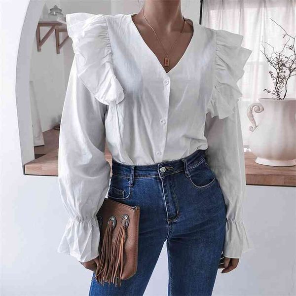 Outono Branco Vintage Camisa Blusas para Mulheres Blusa com V Bell-Sleeve Ruffles Casual Branco Tops Mulheres Mulheres 210508