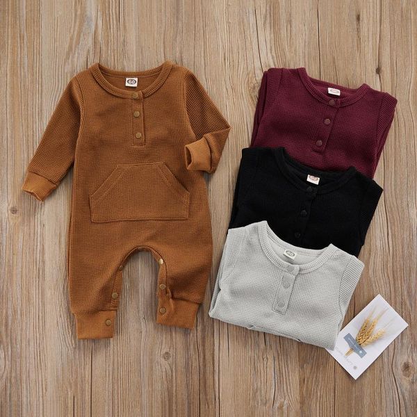 

jumpsuits born baby romper kids girl boy solid color long sleeve waffle knitted button pocket playsuit infant casual jumpsuit outfit, Blue