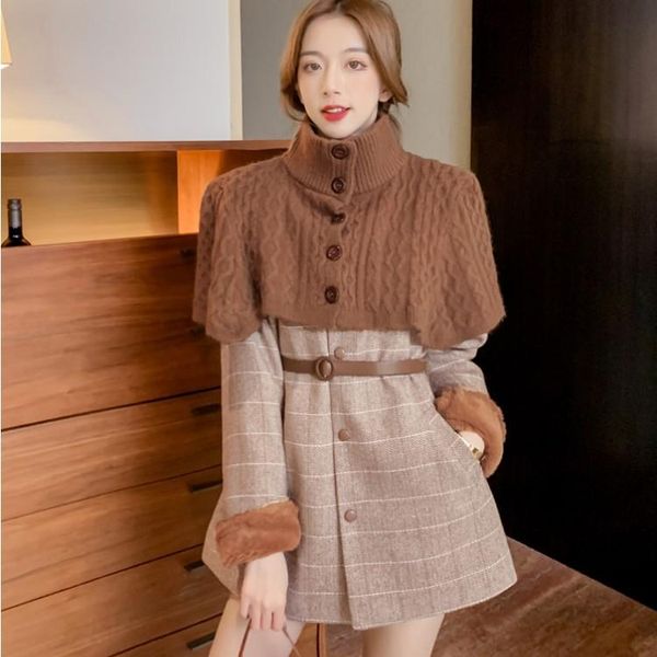 

women's jackets luxury fashion ladies elegant thick warm woolen coat and turntleneck sweater shawl female 2021 fall winter, Black;brown