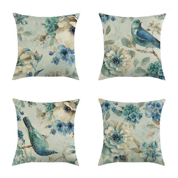 

4pcs oil painting throw pillow covers blue flowers&birds decorative 18 x inch1