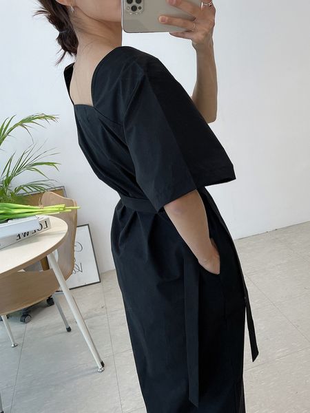 

casual dresses chic square collar mid-length women short sleeve loose lace-up female 2021 summer solid vestidos sepi, Black;gray