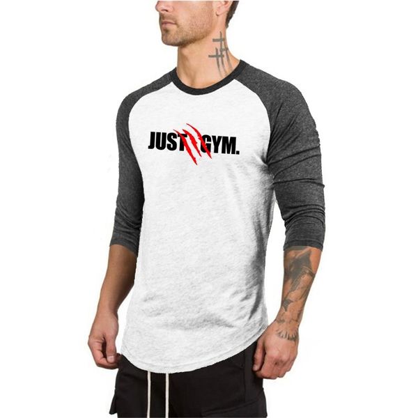 

new fashion spring mens t shirts stretch cotton just gyms print brand clothing men's seven-quarter sleeve slim fit tshirt 210421, White;black