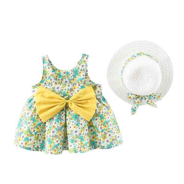 

girl's dresses summer baby dress for kids girls sleeveless bow flower print princess dress+hat set outfit born party girl clothes, Red;yellow