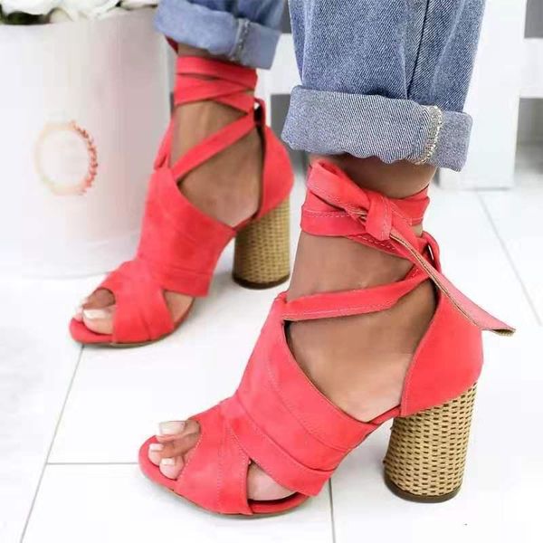 

summer suede fish mouth thick heel roman shoes large size women's sandals, Black
