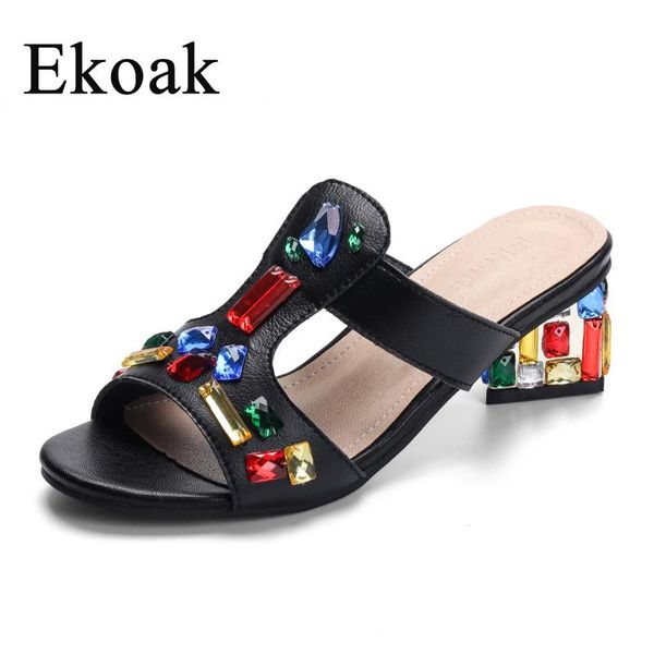 

ekoak women high heels crystals genuine leather cow suede party summer gladiator sandals ladies dress shoes woman, Black