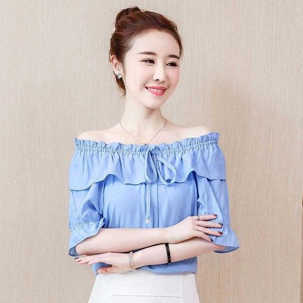 

women spring summer style chiffon blouses shirts lady casual ruffles short sleeve slash neck solid loose elegant df3474 210609, White