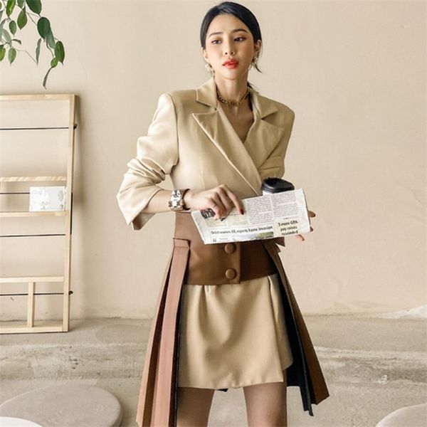 

korean office ladies elegant fashion suit women autumn notched collar blazer dress + pu pleated mini 2 piece set 210519, White