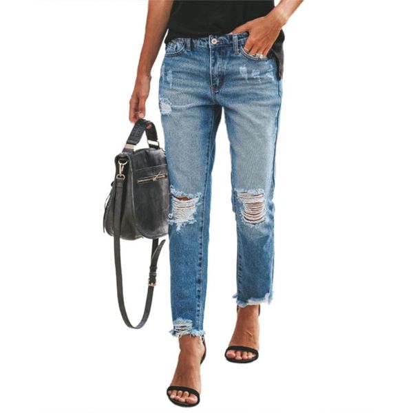 

women's jeans fashion women ladies summer autumn ripped distressed straight hole pant blue