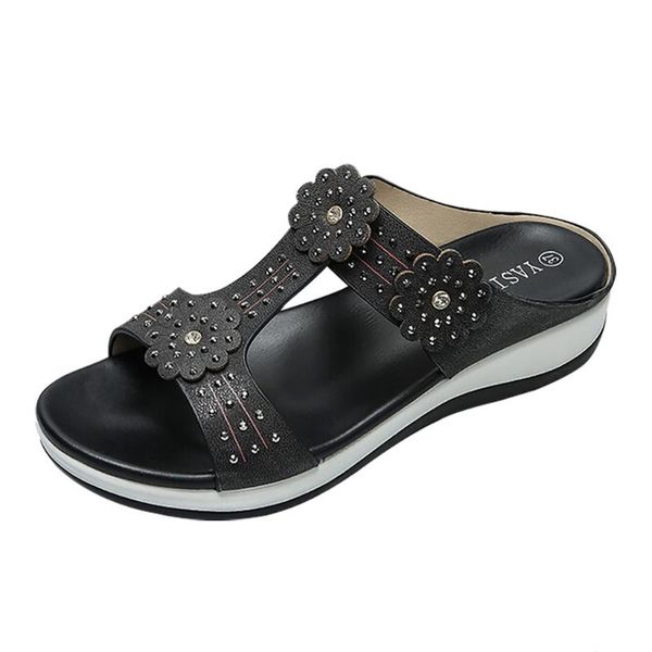 

women's flowers sandals crystal casual beach shoes ladies outside summer, Black