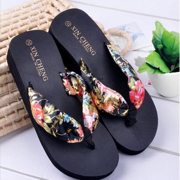 

slippers summer women 2021 bohemia floral beach sandals wedge platform thongs flip flops 4.911, Black