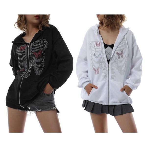 

women's hoodies & sweatshirts women y2k zip up hoodie aesthetic butterfly skeleton rhinestone hooded pullover e-girl 90s streetwear jac, Black