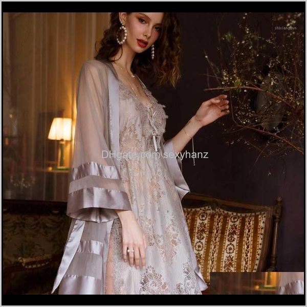 Indumenti da notte da donna Tentazione Maglia in raso Kimono Abito grigio Camicia da notte Accappatoio Mattina Abiti da sposa Biancheria intima sexy trasparente1 Qyy30