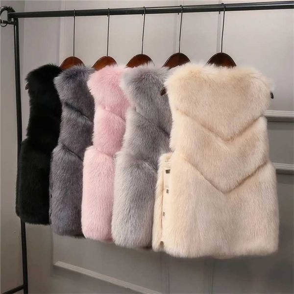 

winter fur vest women solid color chic side buckle short sleeveless jacket slim loose plus velvet thickening clothing 211220, Black