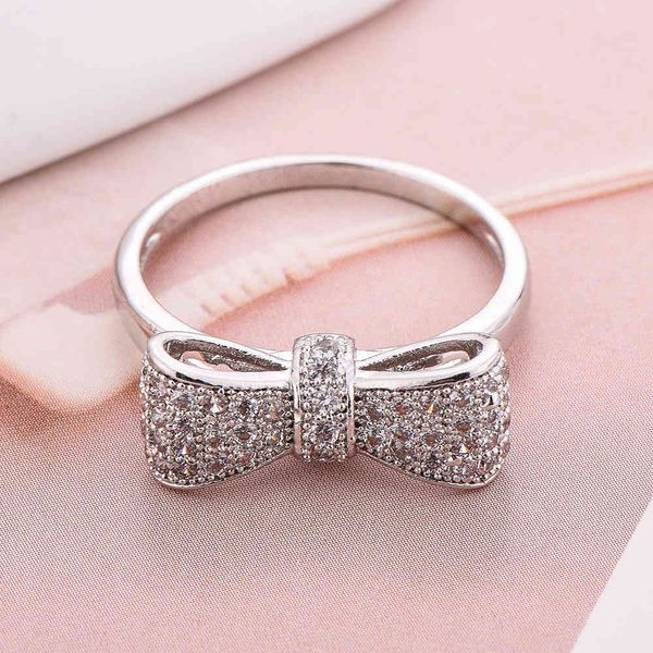 

fashion simple bowknot shape ring white gold zircon diamond jewelry for women lover engagement wedding party jewelry wholesale, Slivery;golden