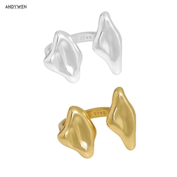 

cluster rings andywen 100% 925 sterling silver gold two thick leafs resizable ring luxury women fine jewelry gift large rock punk, Golden;silver