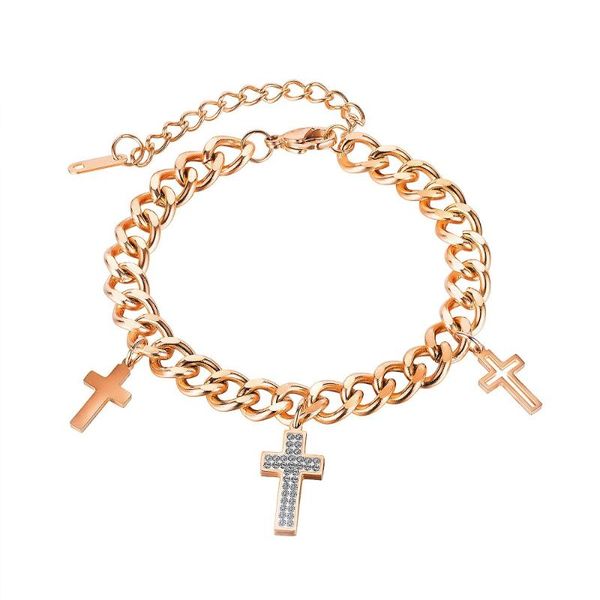 

link, chain luxury jewelry rose gold stainless steel bangles female double layer cross with cz rahinstone charm bracelet for women, Black