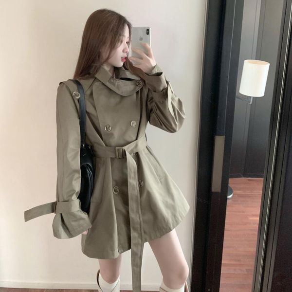 

women's trench coats 2021 fashion hepburn style ins navy collar loose design sense strap double-breasted army green windbreaker jacket, Tan;black