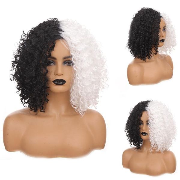 

synthetic wigs queenyang small roll double piece headgear black and white matte high temperature silk daily use fashion
