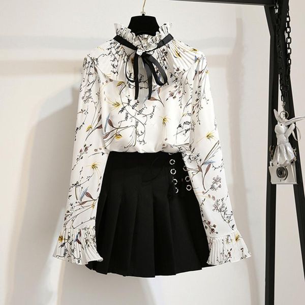 

two piece dress women 2 set ruffles floral print half turtleneck chiffon shirt and lace up pleated mini skirt sets 2021 autumn outfits, White