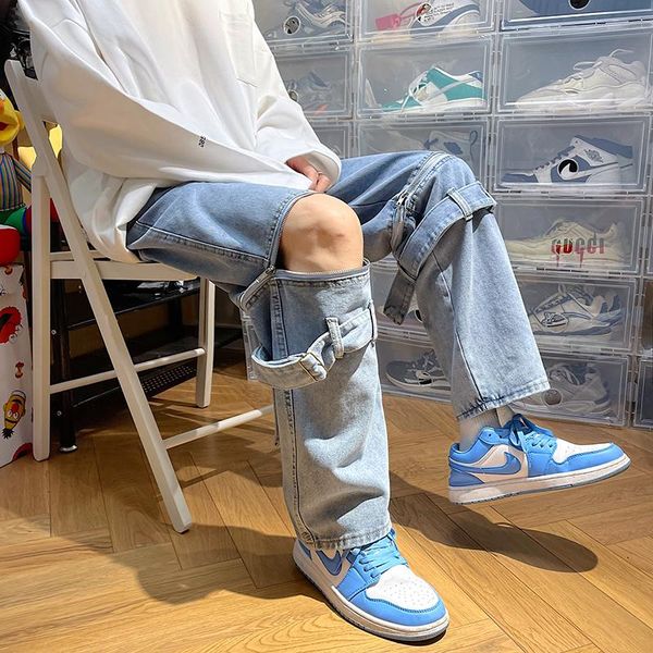 

men's jeans fashion pants hip hop trend streetwear jogging men casual elastic waist trousers, Blue