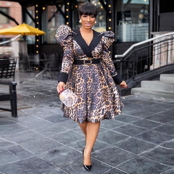 

ethnic clothing 2021 autumn winter v-neck dresses for women african dashiki leopard print dress tutu long sleeve elegant party, Red