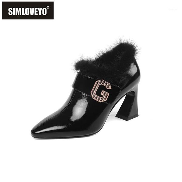 

dress shoes simloveyo winter warm mane furry pumps square toe starang heels patent leather zippre letter large size 33-43 elegant b18101, Black