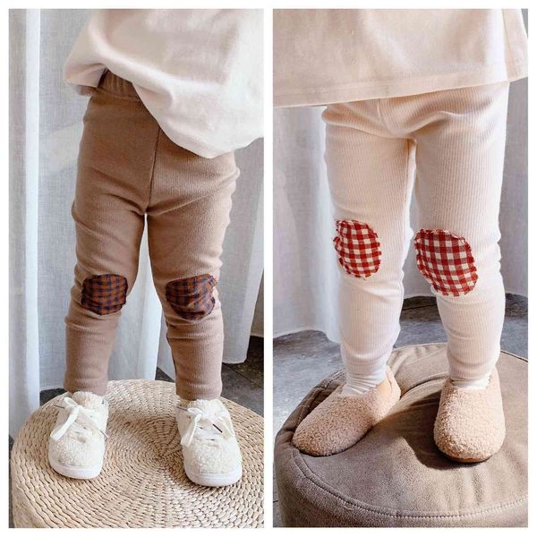 

winter baby girls knee patchwork leggings kids pure cotton fleece linging thick skinny pants 210508, Blue