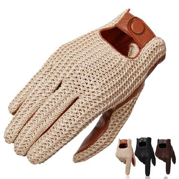 

autumn winter men' wool knitted goatskin touch screen gloves locomotive mitten car driving genuine leather motorcycle 211124, Blue;gray