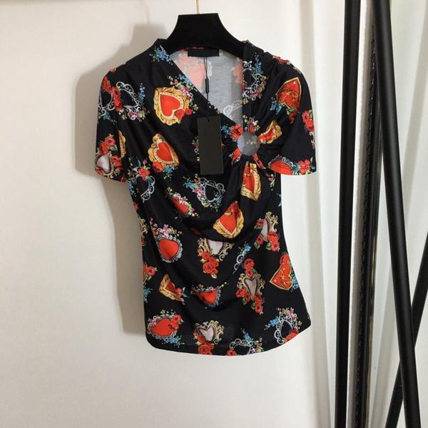 

love gem retro print metal twist irregular short sleeve t-shirt hollow fashion luxury slim women clothing 2021 summer women's, White