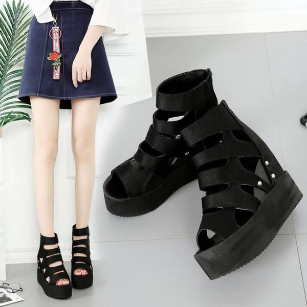 

sandals thick-soled sponge cake fish mouth female korean summer style all-match casual inner heightening, Black