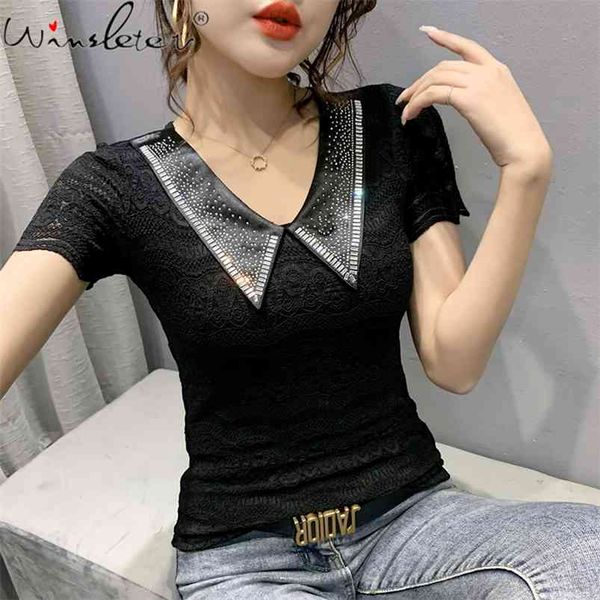 

summer european style lace t-shirt turn-down collar shiny diamonds women short sleeve all match tees t14307a 210421, Black;gray