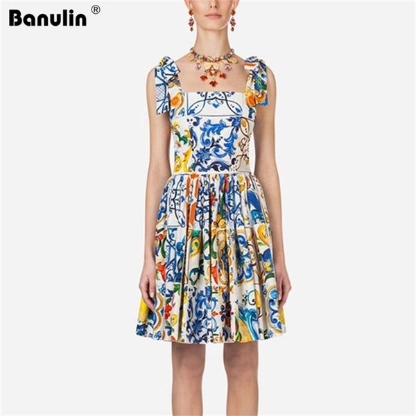 

runway women summer dress bow spaghetti strap backless blue and white porcelain floral print mini dress vestido mujer verano 210331, Black;gray