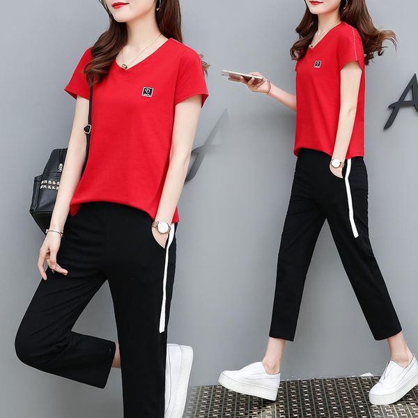 

two piece dress summer autumn tracksuit 2 set short sleeve and pants suit women's casual sportswear fitness leisure suits clothes, White