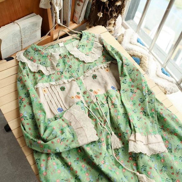 

casual dresses 2021 autumn dress mori japanese style sweet embroidery floral women drawstring waist long sleeve fairy, Black;gray