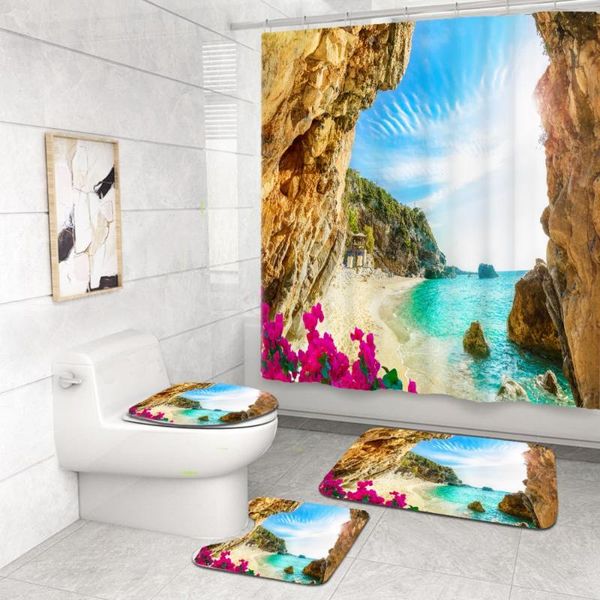 

bath accessory set 4 piece tropical beach bathroom seaside scenic area sunset print waterproof shower curtain rug mats toilet cover
