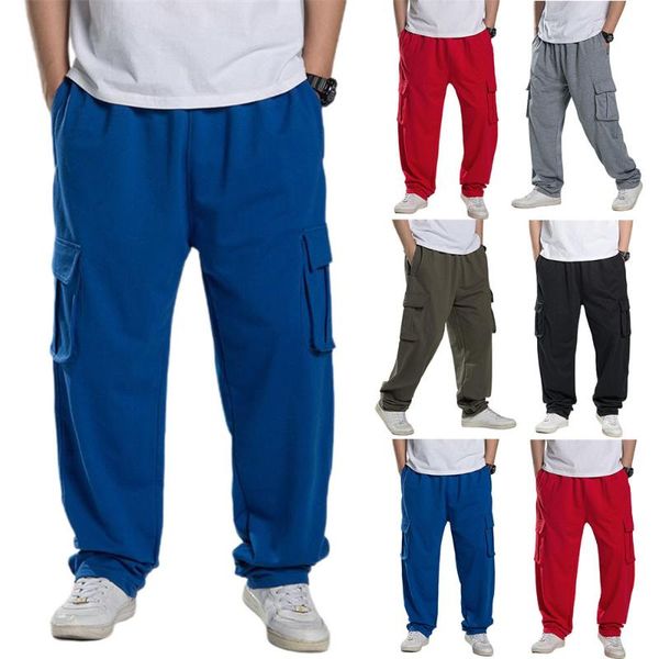 

men's pants men loose trousers plain cargo multi-pocket long pockets plus size casual balck mens fashion, Black