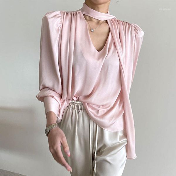 

women's blouses & shirts elegant women blouse long sleeves v neck solid fashion office lady chic korean slim loose blusas autumn spring, White