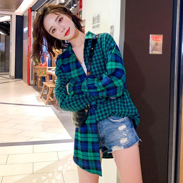 

women's blouses & shirts spring korea fashion women long sleeve loose plaid shirts all-matched casual turn-down collar long shir, White