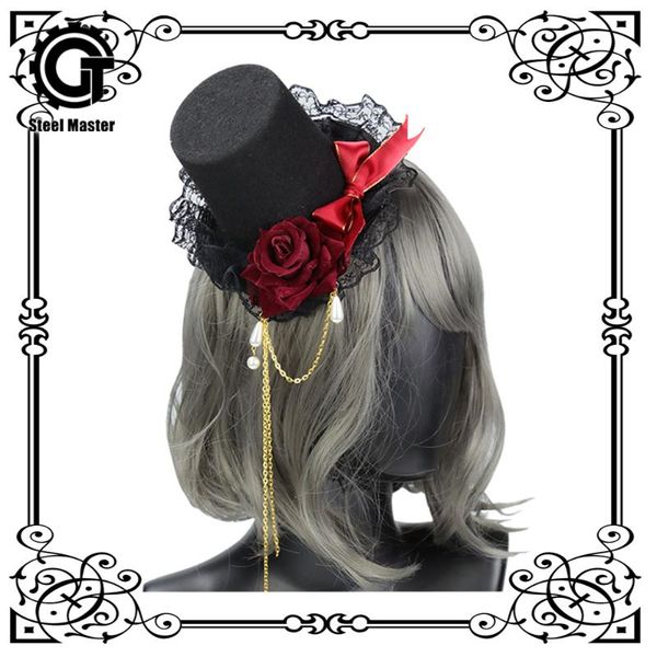 

stingy brim hats 2021 gothic lolita cute simulation rose cross hat hairpin headband kc ladies banquet bow, Blue;gray