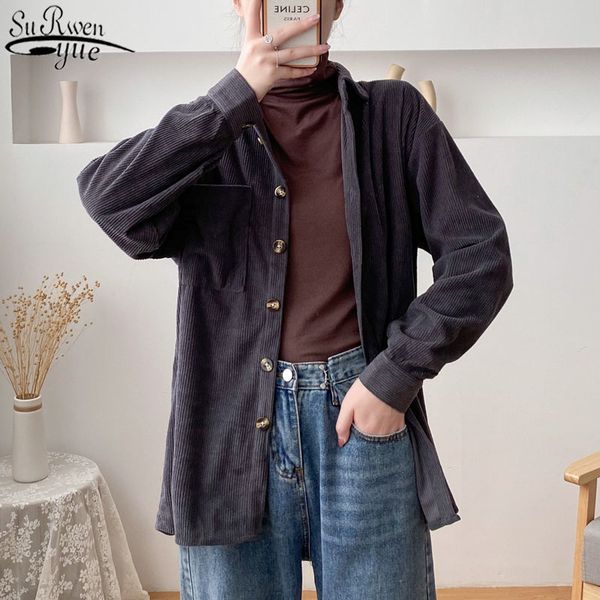 

autumn corduroy cotton ladies casual cardigan singel breasted women's shirt vintage blouses women jacket 11880 210417, White