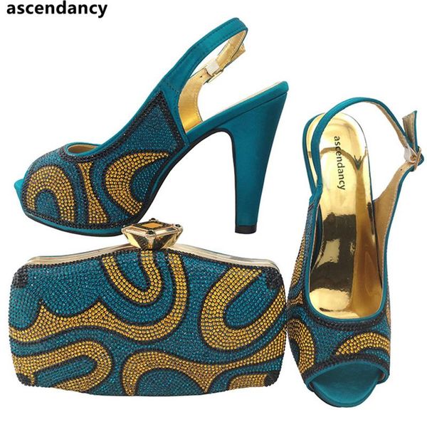 

peacock blue color nigerian shoes and matching bags sales in women bag set italian with dress, Black