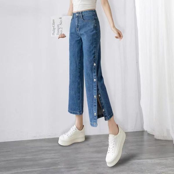 

women's jeans summer high waist for women plus size loose wide leg female denim pants buttons streetwear trousers, Blue