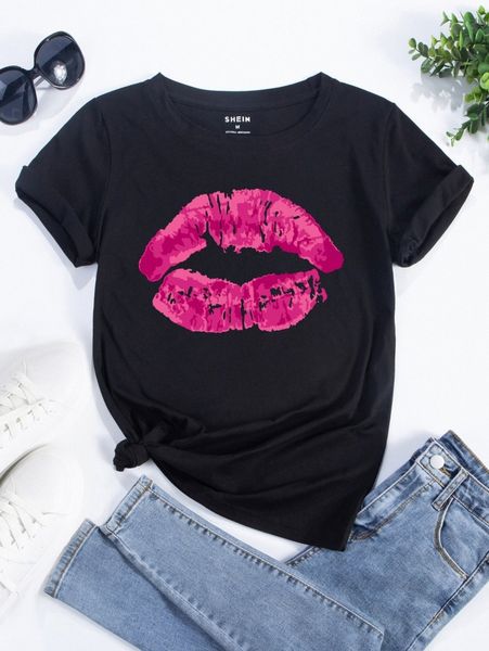 

lip print round neck tee p67c#, White