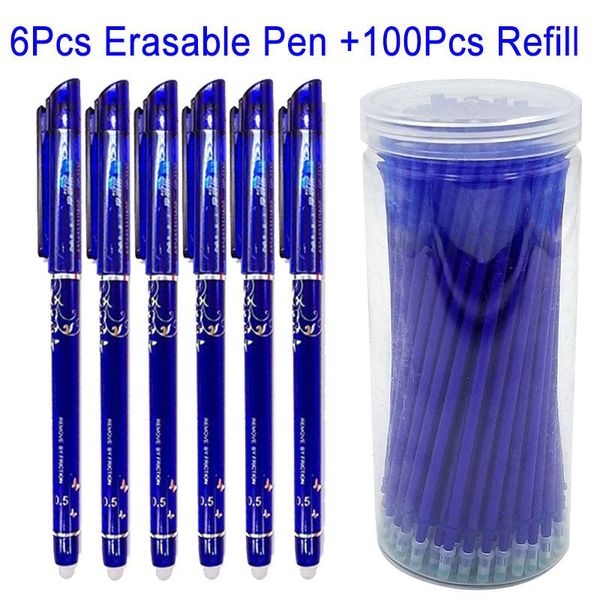 

106pcs/set erasable gel pen blue ink 0.5mm washable handle office school writing stationery bottle pack refill rod pens