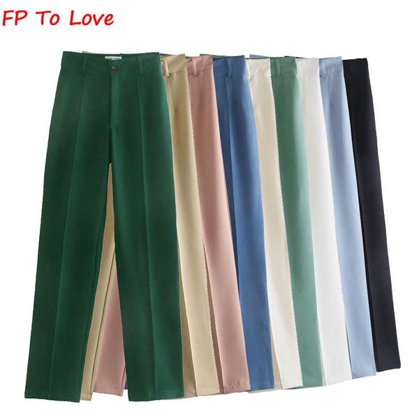 

women's pants & capris fp to love za woman morandi color casual vintage straight high waist chic full length trousers pockets buttons, Black;white
