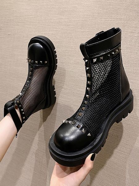 

boots women's shoes ankle spring fashion rivet round head thick heel bottom mesh women yee0, Black