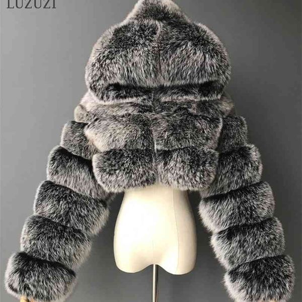 

luzuzi winter furry cropped faux fur coats women fluffy coat with hooded warm fur jacket ladies manteau femme 210817, Black