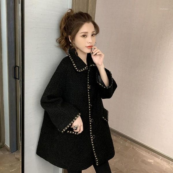 

women's wool & blends woolen coat small autumn and winter korean style flip, Black