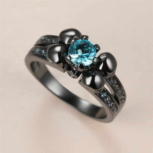 

luxury male female aqua blue crystal ring vintage black gold wedding rings for women punk round zircon skeleton engagement, Slivery;golden